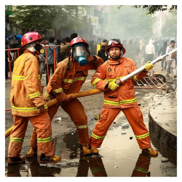 Firefighters working together to extinguish a fire