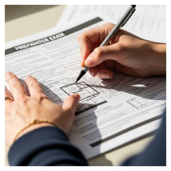 a person's hands highlighting key sections on a firefighter exam study guide