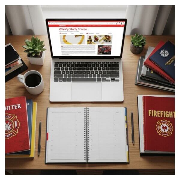 an organized desk with a weekly planner, laptop, coffee, and firefighter study materials