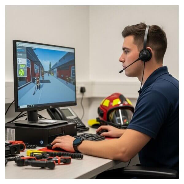a focused firefighter candidate wearing a headset engages with a simulated emergency scenario on a computer screen