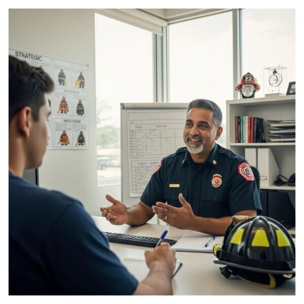 a professional fire chief provides constructive, one-on-one feedback to an attentive firefighter recruit in an office setting