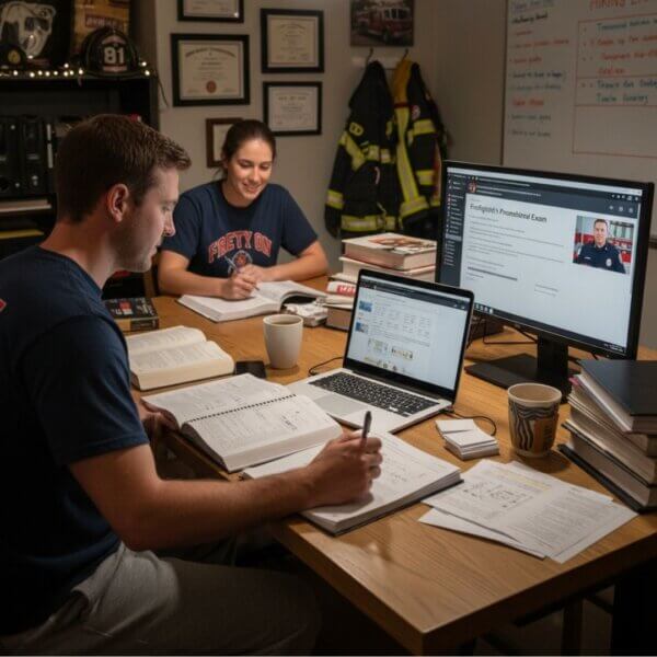 firefighters studying for a fire exam together