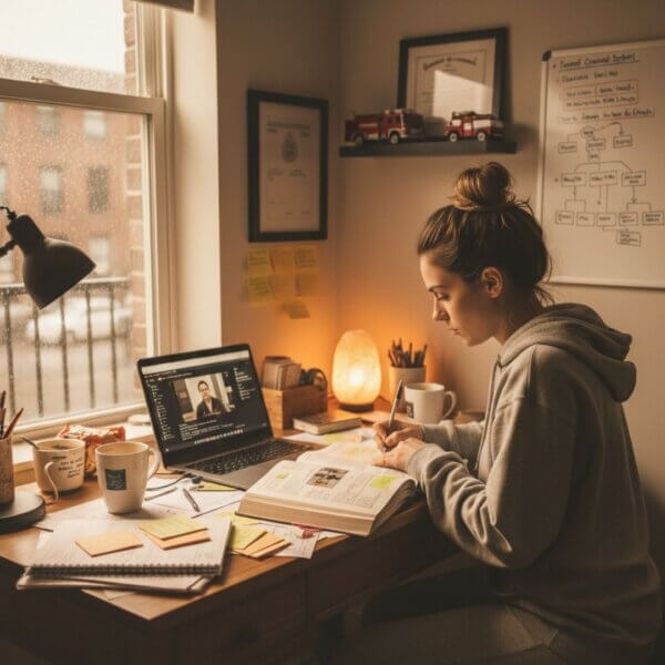 woman studying for an initial firefighter exam