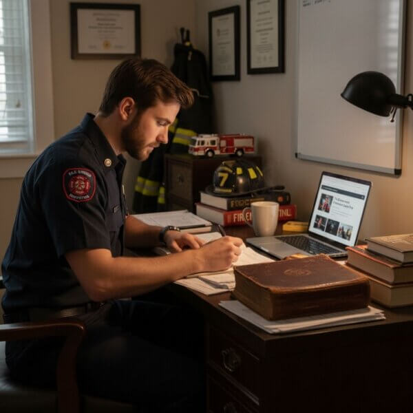 man studying for a firefighter promotional exam