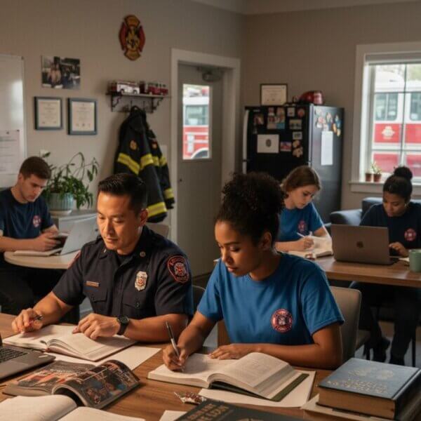 people studying together for a firefighter exam