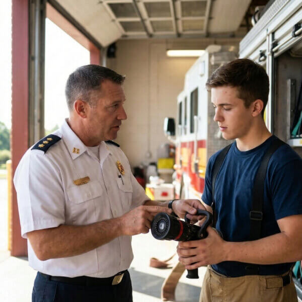 Officer explaining equipment to a firefighter