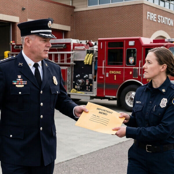 A fire chief in dress uniform hand-delivering an important memo
