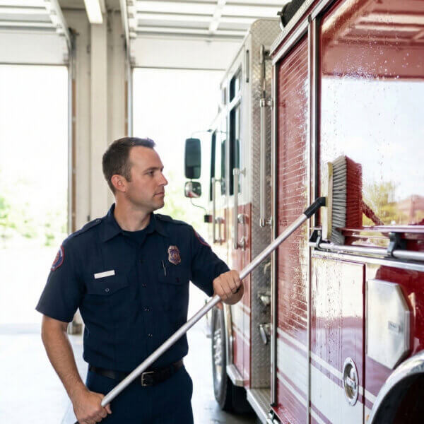Firefighter cleaning the fire engine.
