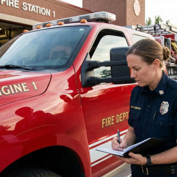 A serious officer documenting damage on a red fire engine