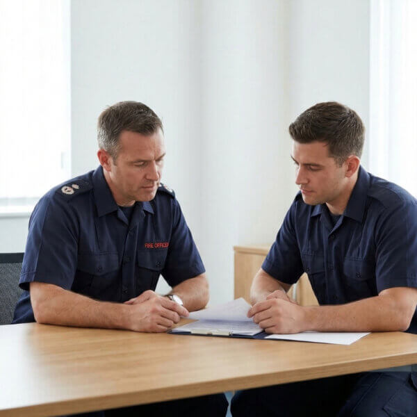 Officer and firefighter reviewing paperwork in an office