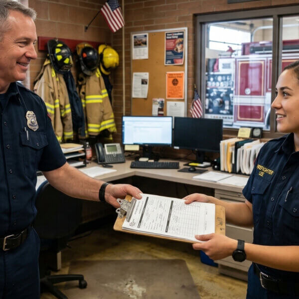 A leader handing a clipboard to a firefighter