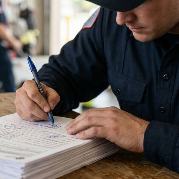 Firefighter studying manual