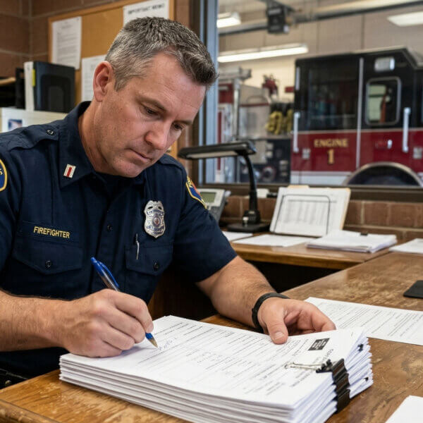 A firefighter signing a stack of forms with a pen