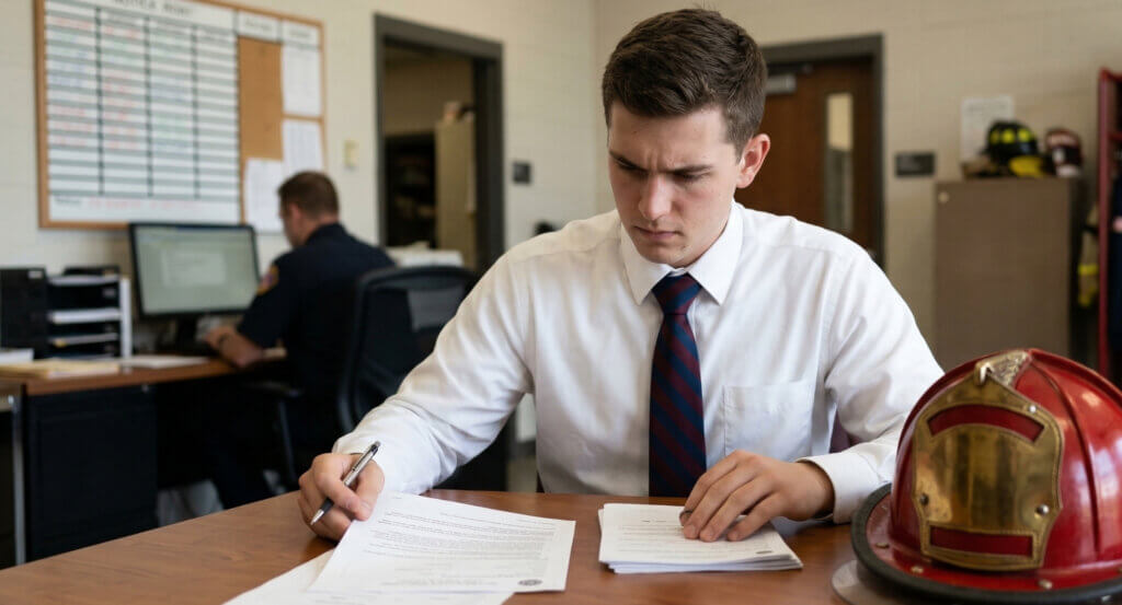 A candidate in a white shirt and tie analyzing documents with a fire helmet