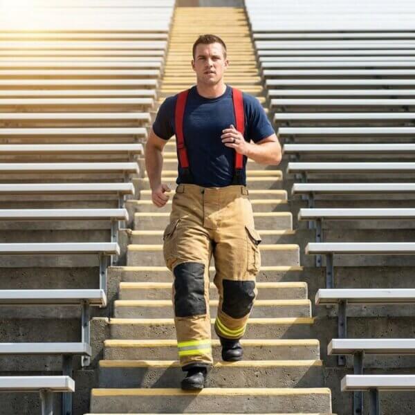 A fit firefighter runs up a steep flight of stadium stairs in bright sunlight for cardiovascular endurance.