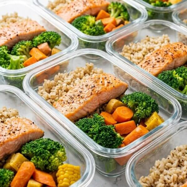 A close-up view shows multiple glass meal prep containers filled with healthy food for recovery and nutrition.