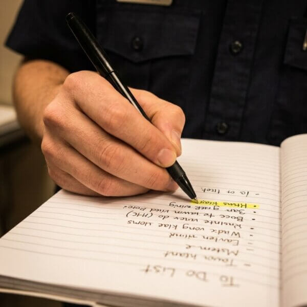 A detailed close-up shows a firefighter's hand with a pen prioritizing a handwritten to-do list.