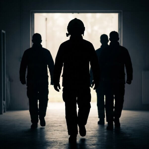 A silhouette captures a single fire officer, recognizable by the helmet, leading a small team toward a soft, distant light.
